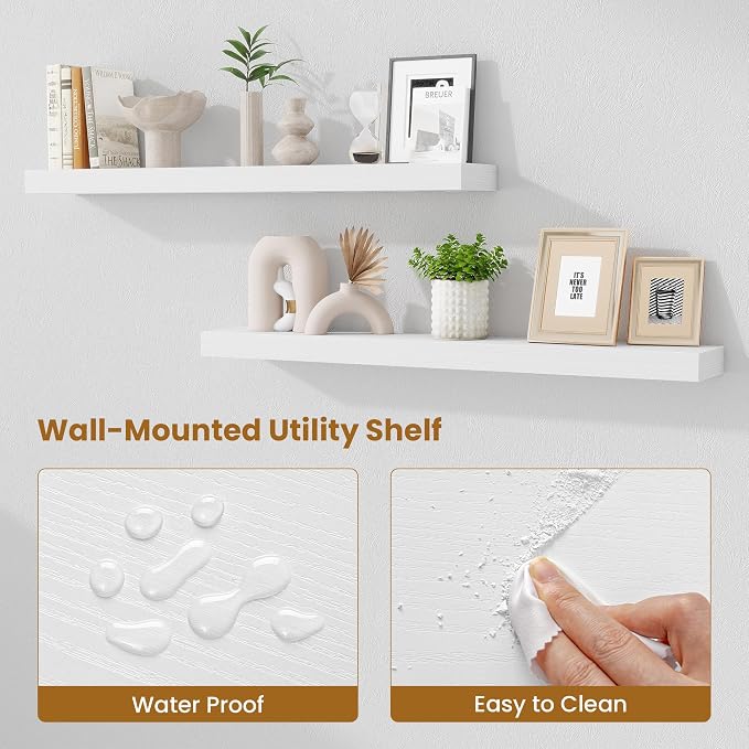 Fun Memories 40 Inch Floating Shelves, Long Wood Wall Shelf Set of 2 with Invisible Brackets, for Bathroom, Living Room, Bedroom, Kitchen, White