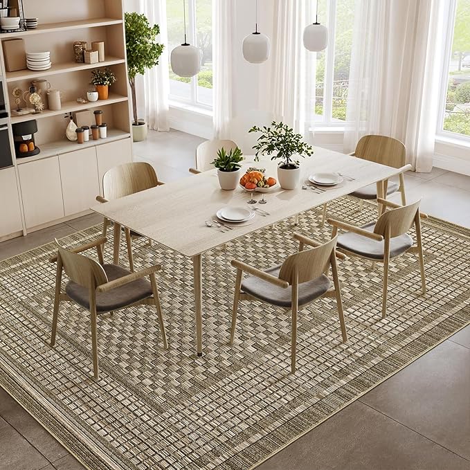 Modern Rug 8x10 Area Rugs for Living Room Washable Bedroom Rug Geometric Checkered Large Area Rug Soft Non Slip Throw Rugs Low Pile Stain Resistant Carpet for Office Dining Room 8'x10' Brown