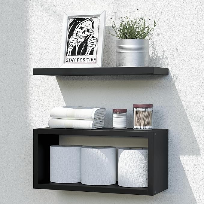 RICHER HOUSE Floating Shelves Bathroom, Black Floating Shelves for Wall, Above Toilet Bathroom Shelves, Wall Mounted Hanging Shelves for Bedroom, Kitchen, Living Room Decor - Black