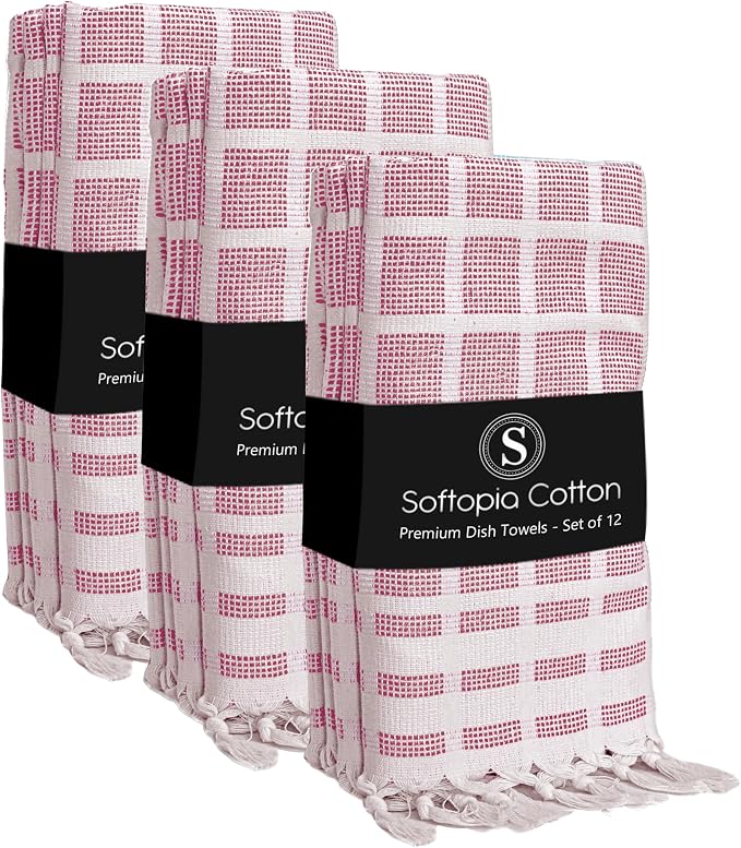 Matrix Dobby Kitchen Towels 12 Pack 100% Cotton, 16x26 Inches, Decorative Tea Towels with Handmade Tassels, Absorbent Reusable Dish Cloths for Kitchen Drying - Burgundy Wine, Natural