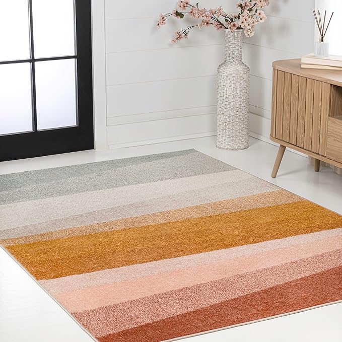 JONATHAN Y Prism Geometric Striped Indoor Area Rug 4x6, Red/Yellow/Gray, Modern, Coastal, Easy-Cleaning for Living Room, Bedroom, Kitchen, Pet Friendly, Non-Shedding (DZC101B-4)