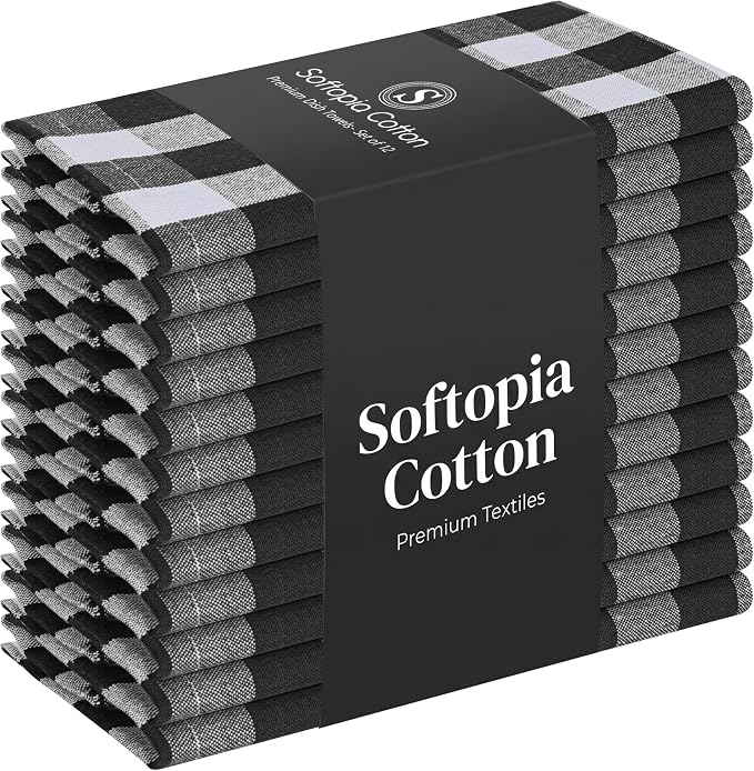 Gingham Checked Dish Towels 12 Pack, 18x26 Inches, Quick Dry Towels for Kitchen, Reusable, Absorbent Wash Cloths Set, Washable Fabric, Heavy Duty for Daily Use - Black and White