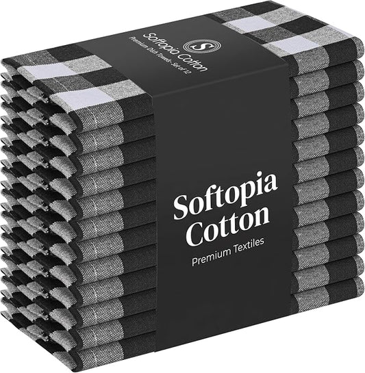 Gingham Checked Dish Towels 12 Pack, 18x26 Inches, Quick Dry Towels for Kitchen, Reusable, Absorbent Wash Cloths Set, Washable Fabric, Heavy Duty for Daily Use - Black and White