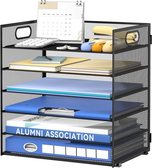 Daltack 6-Tier Paper Organizer - Mesh Desk File Tray with Handle for Office & Home | Black