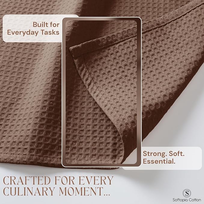 Brown Kitchen Towels – Waffle Weave, 100% Cotton, Soft & Absorbent, Fast Dry, Durable, 16x26 Inches, Perfect for Dish Drying, Bar, Cleaning, Hand Wipe and Everyday Use, Set of 12
