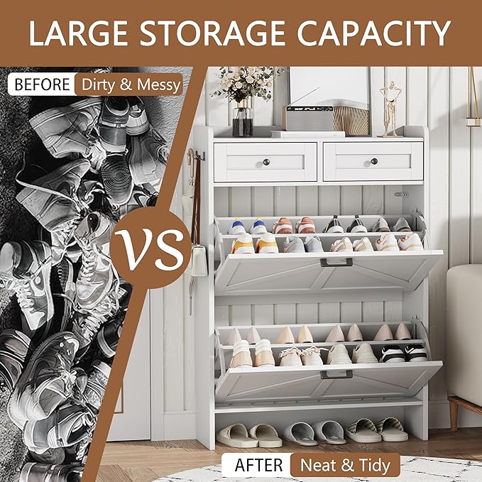 Shoe Cabinet with 2 Flip Drawers & 2 Top Drawers, 43" Tall Freestanding Narrow Wooden Shoe Storage Organizer for Entryway, Hidden Slim Shoe Rack for Front Door Entrance, Hallway, Living Room, White