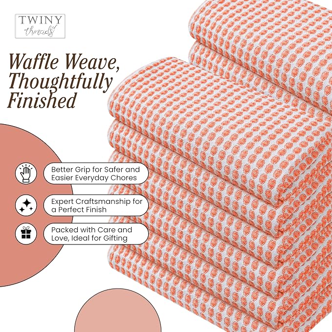 TWINY threads Circle Waffle Kitchen Dish Towels 4 Pack, 16"x26", 100% Cotton, Super Absorbent, Heavy Duty, Quick Drying Dishcloth Set, Premium Wash Rags for Drying Dishes, Cooking, Bright Orange
