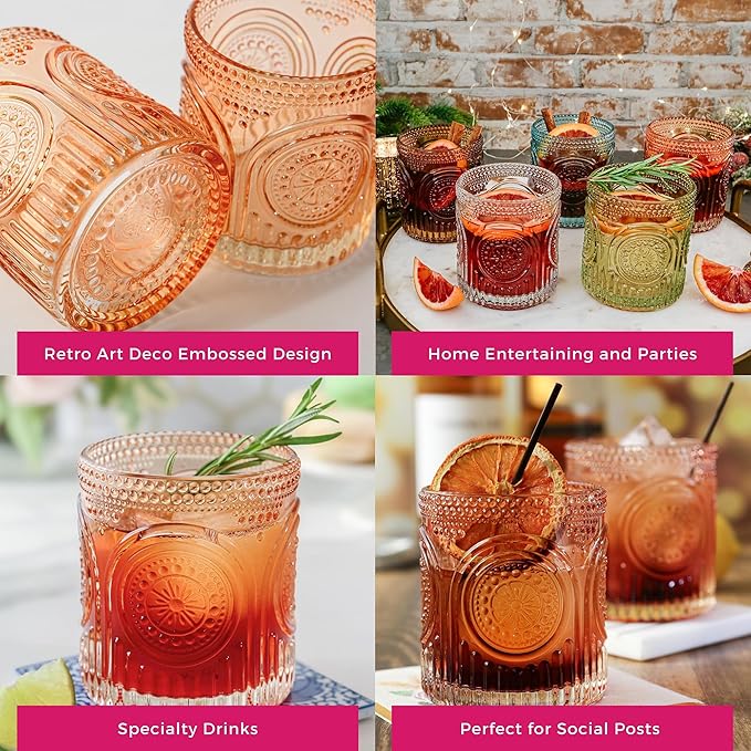 Ribbed Retro Arch Floral Rose Gold Drinking Glasses Set of 6, (10 oz) Vintage Glassware Set by Kate Aspen| Cocktail Glass Set, Juice Glass, Water Cups | Great Hostess Gift & Gift for New Home Owners