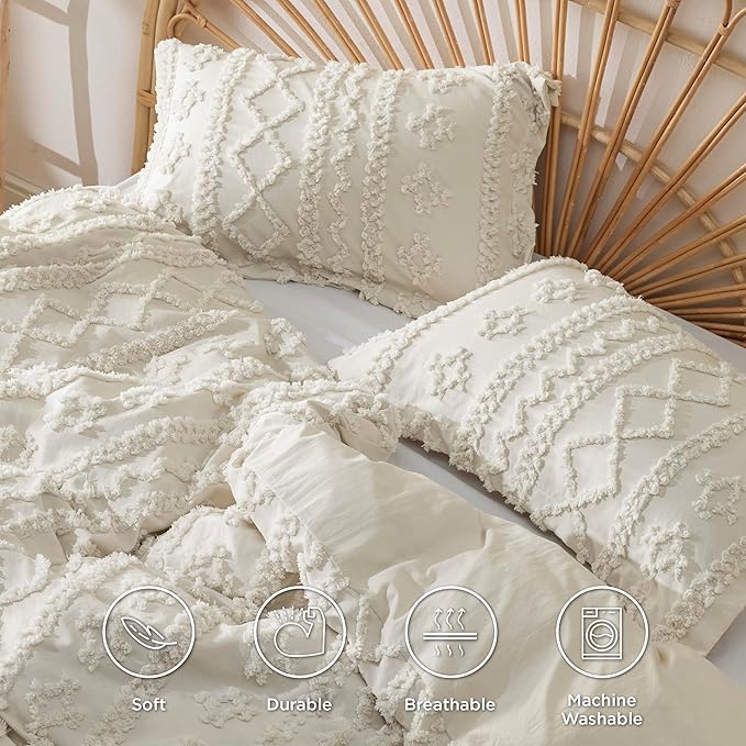 Bedsure Boho Twin Duvet Cover, Soft & Comfortable Elegant Design Boho Bedding for Decoration, Machine Washable Comforter Cover for All Seasons,Includes 1 Duvet Cover & 1 Pillow Sham,Beige