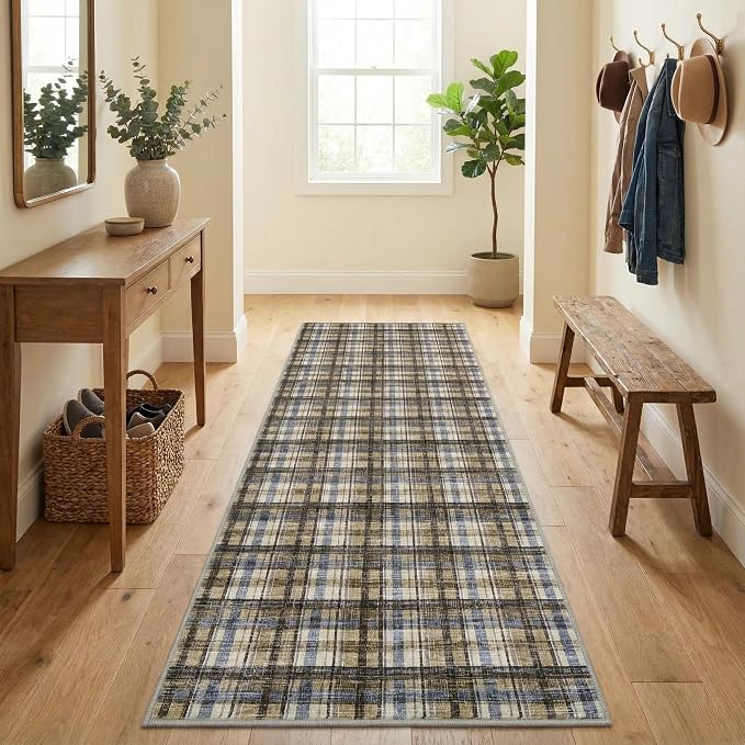 Washable Rugs 2x8 Runner Rug Modern Plaid Bathroom Rugs Non Slip Kitchen Runner Low Pile Entryway Rug Soft Runners Stain Resistant Carpet for Laundry Hallway Bedside 2'x8' Blue&Camel
