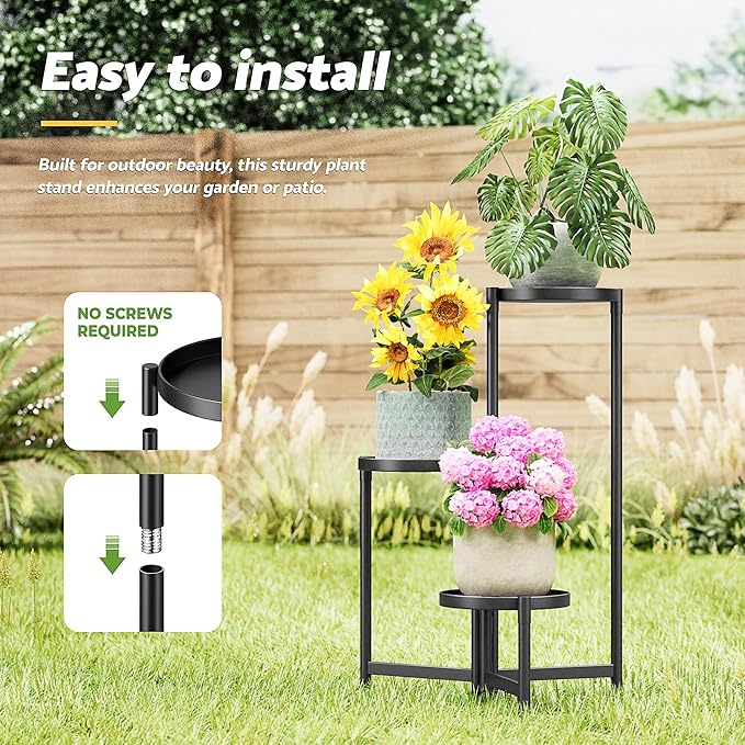 3 Tiered Plant Stand Indoor for Multiple Large Planter, Tall Heavy Duty Adjustable Folding Rack with Rustproof 7.9 Inch Wide Tray, Plant Shelf for Corner Living Room - BlackDisk