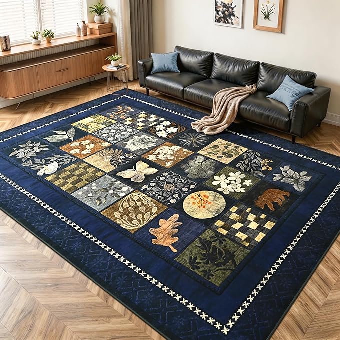Tepook 5x7 Area Rugs for Living Room, Modern Large Geometric Rug for Bedroom, Washable Patchwork Rug Indoor Non Slip Throw Carpets for Dining Room Office Farmhouse Home Decor, Navy Blue