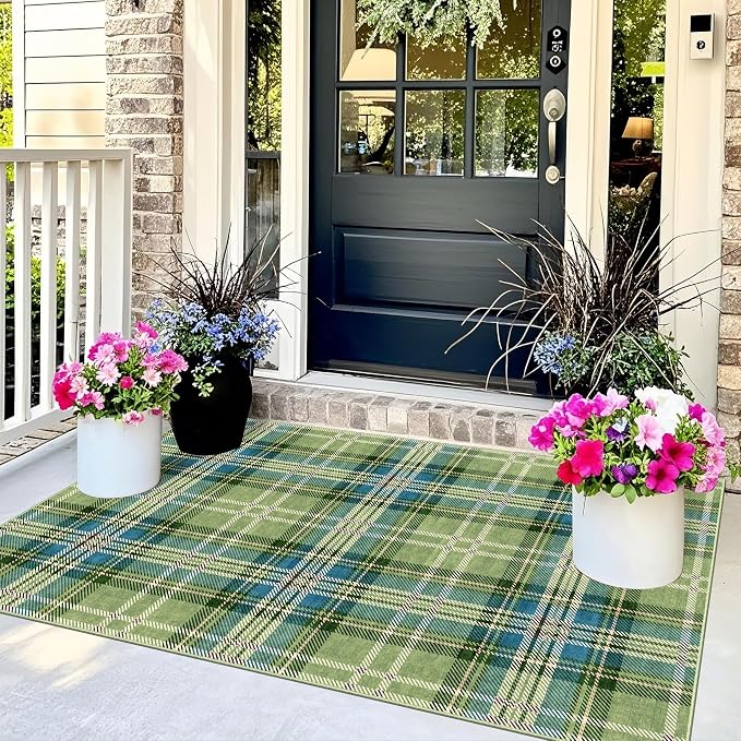 3x5 Buffalo Entry Rug - Small Washable Indoor Outdoor Mats for Front Door Non-Slip Porch Rug Green Teal Plaid Tartan Throw Rugs for Living Room Bedroom Entryway Kitchen Office Porch Decor