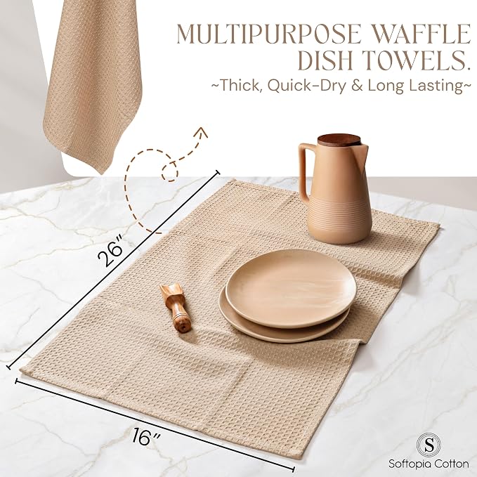 Beige Kitchen Dish Towels Set of 4-100% Cotton Waffle Weave, Super Absorbent, Soft, Quick Drying, 16x26 Inches, Ideal for Cleaning, Bar, Tea, and Everyday Use, Tan