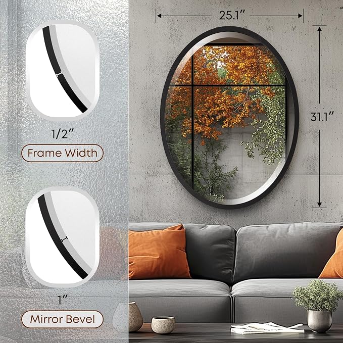 OVALCREST - Oval Wooden Beveled Wall Mirror for Home Decor, Bathroom, Vanity, Bedroom, Living Room, Hallway - London Style (Matte Black) 31.1 x 25.1