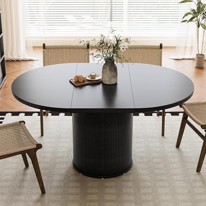 Extendable Round Dining Table for 4-8, 43in-59in Modern Wood Dining Room Table with Removable Leaves, Extendable Dinner Tables w/Heavy Duty Base for Kitchen|Living Room|Small Space, Black