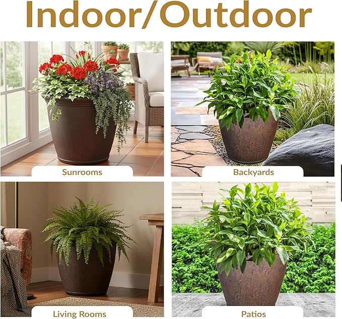 Sunnydaze 24-Inch Anjelica Large Plastic Pot for Plants - Double-Walled Outdoor Polyresin Round Planter Porch Pot with Drillable Drainage Holes - Rust - 2pk