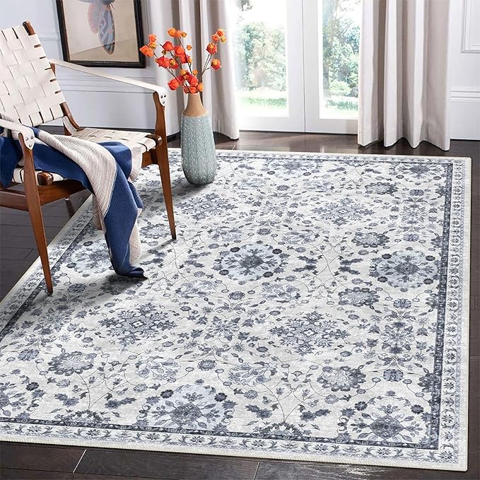 vivorug 3x5 Rug, Stain Resistant Washable Rug for Living Room, Floral Area Rug Vintage Inspired (Ivory/Blue, 3'x5')