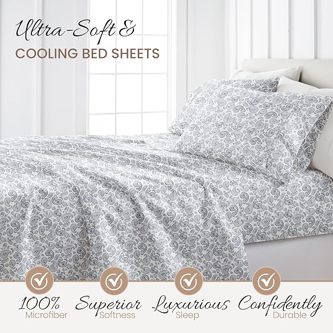 Linen Market Double-Brushed Patterned Microfiber California King Sheet Set 4 Piece – OEKO-TEX Certified Ultra Soft & Wrinkle-Free - 16" Deep Pocket Sheets Easy Care Cal-King Size - Coarse Paisley Navy