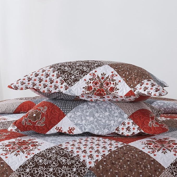 HoneiLife Quilt Set Queen Size - 3 Piece Microfiber Bedspread Reversible Coverlet Patchwork Bedding Set Lightweight Bedcover Floral Bedspreads All Season Quilts-Amaranth Red