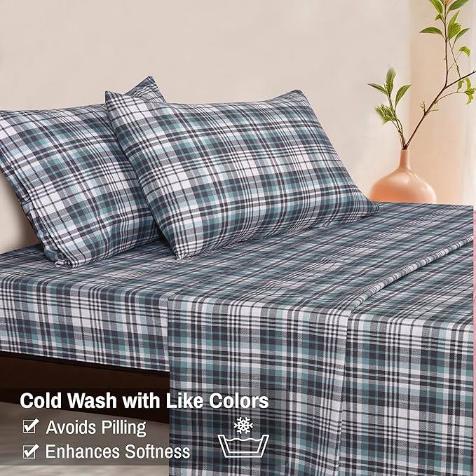 RUVANTI Flannel Sheets California King Size - 100% Cotton Brushed Cal King Bed Sheets Set - Deep Pockets 14 Inches - All Seasons Breathable & Extra Soft - Warm & Cozy, 4 Piece, Mint Grey
