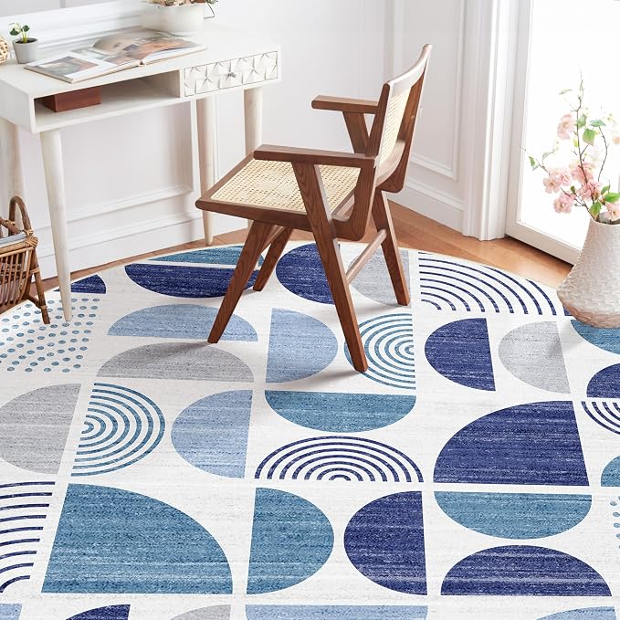 MUJOO Round Rugs 6ft,Circle Area Rug Washable,Circular Rugs for Living Room Dining Room,Large Boho Non Slip Throw Floor Carpet Modern Abstract Navy Blue