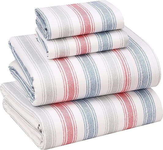 RUVANTI 100% Cotton Full Size Bed Sheets, 4 Pieces, Soft & Breathable Percale Weave Bedding, Deep Pocket 16", Hotel Standard, Crisp Cool Feel, Durable, Perfect Sheet Set Striped, Times