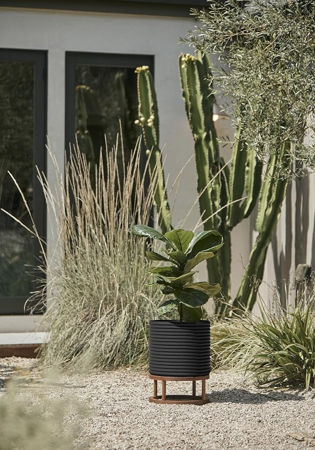 Veradek Mod Series Raised 13" Short Planter for Patio & Backyard | Durable Plastic-Stone Material w/Wooden Stand | Modern Décor for Plants & Flowers