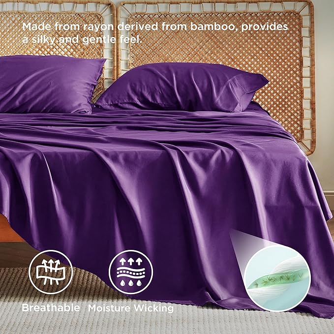 Bedsure Queen Sheet Set, Rayon Derived from Bamboo, Cooling Sheets, Breathable & Soft, Deep Pocket Up to 16 Inches, Hotel Luxury Silky Bedding for Hot Sleepers, Plum