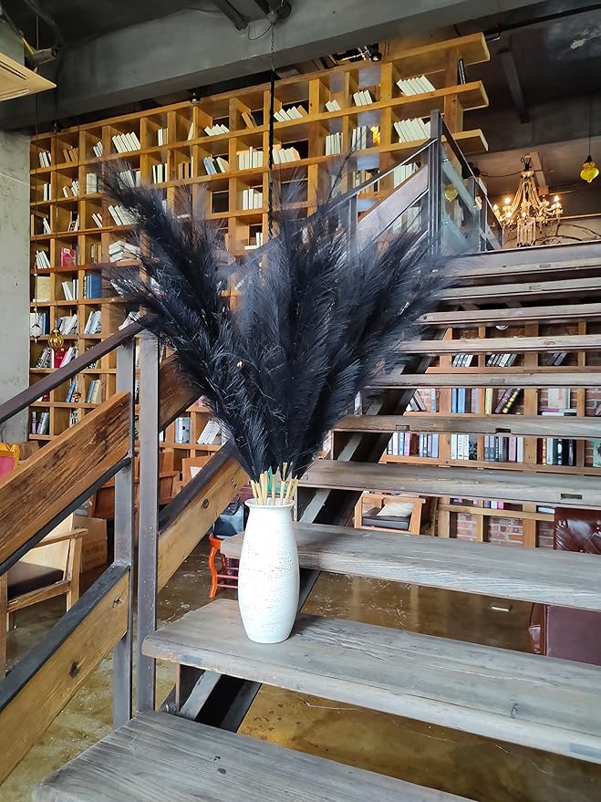 Premium Faux Pampas Grass Decor Tall & Fluffy, No Assembly Needed Long Pampas, Luxury Large Floral, Elegant Feather Flowers for Wedding Decorations (Faux Black, 8pcs 43.3"(110cm))
