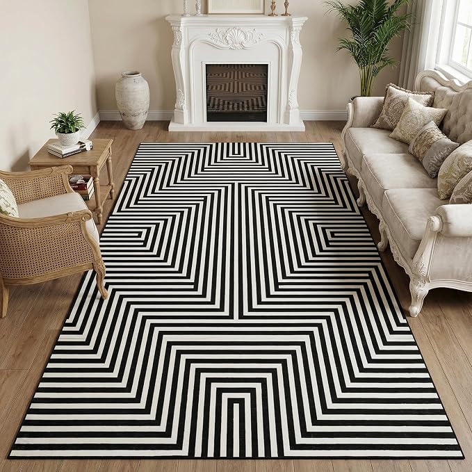 Washable Modern Lines Large Rug 10x13 for Living Room Modern Geometric Rugs Low Pile Soft Bedroom Carpet Thin Foldable Abstract Floor Carpet for Dining Kids Room Playroom, Black