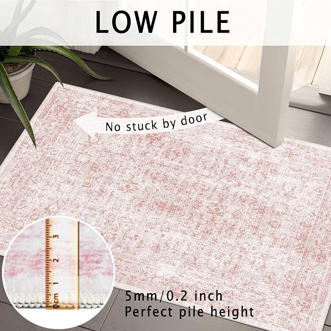 3x5 Rug, Small Area Rug for Living Room, Bedroom, Kitchen, Machine Washable Non-Slip Throw Rug, Vintage Distressed Floral Carpet for Entryway Nursery Dinner Room - Durable (Pink)