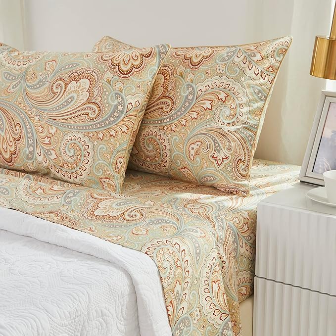 Brandream Paisley Bedding Gold Classy Regal Themed Boho Bed Sheet Set Luxury Bedding Collections 800 Thread Count 100% Egyptian Cotton Deep Pocket, 4 Piece-King Size