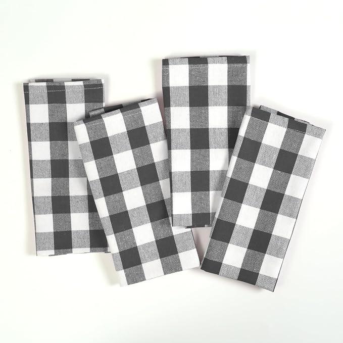 Gingham Check Kitchen Towels, 4 Pack, 16x26 Inches, 100% Cotton - Soft, Highly Absorbent, Quick Drying, Dish Towels for Drying Dishes, Glasswares, Cleaning, Wiping Hands, Grey White