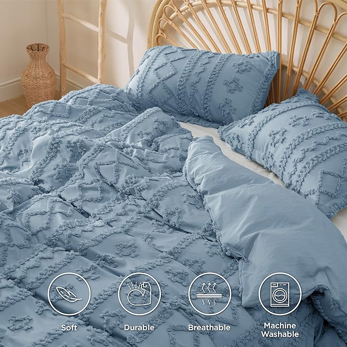 Bedsure Boho Duvet Cover King Size, Soft & Comfortable Elegant Design Boho Bedding for Decoration, Machine Washable Comforter Cover for All Seasons,Includes 1 Duvet Cover & 2 Pillow Shams,Dusty Blue