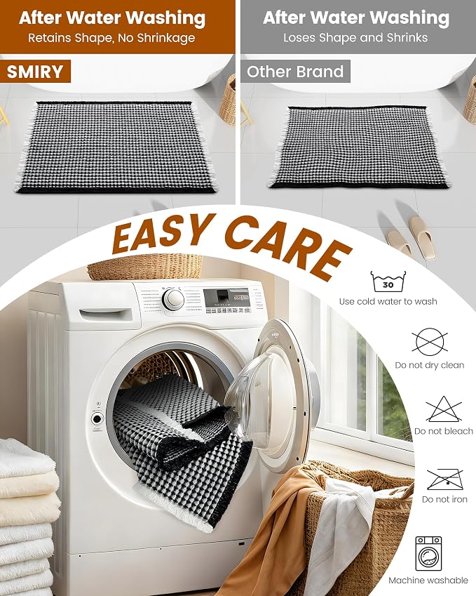 Smiry Waffle Bath Mat 24x16, Extra Soft Absorbent Bathroom Rugs, Non Slip Machine Washable Quick Dry Bath Rugs for Bathroom Floor, Tub, Shower, Home Decor Accessories, Black & Cream