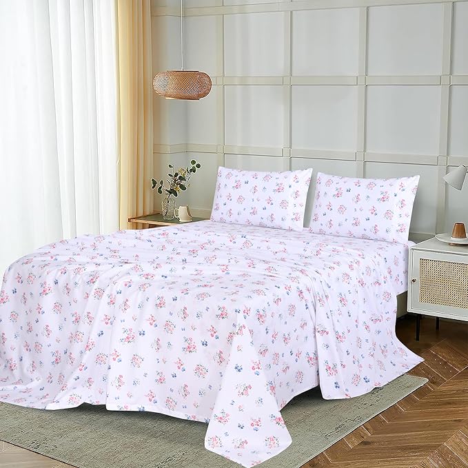 RUVANTI 100% Cotton California King Sheet Sets, 4 Pieces, Soft & Breathable Percale Weave Bedding, Deep Pocket 14", Hotel Standard, Crisp Cool Feel & Durable, Perfect Floral Sheets, Funa Flora