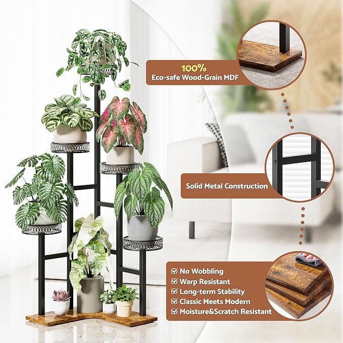 Black Wood Stand Plants, 5 Tiered Corner Metal Plant Stands Tall Indoor,Heavy Duty Flower Pot Stands for Multiple Plants,Decoration Display Racks for Patio Garden -BlackFlower