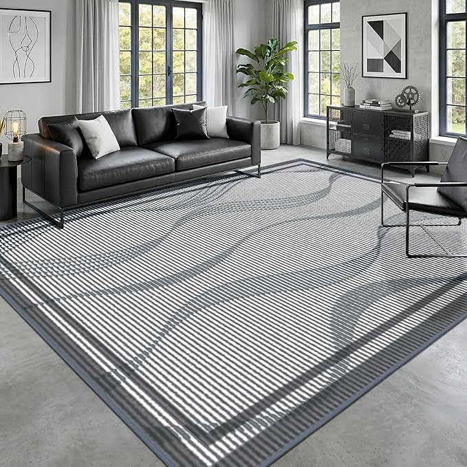 Merelax 6x9 Area Rugs for Living Room - Washable Non-Slip Large Bedroom Rug, Indoor Floor Carpet Low Pile Soft Farmhouse Rug for Dining Room, Mudroom, Modern Aesthetic Geometric Decor, Dark Grey