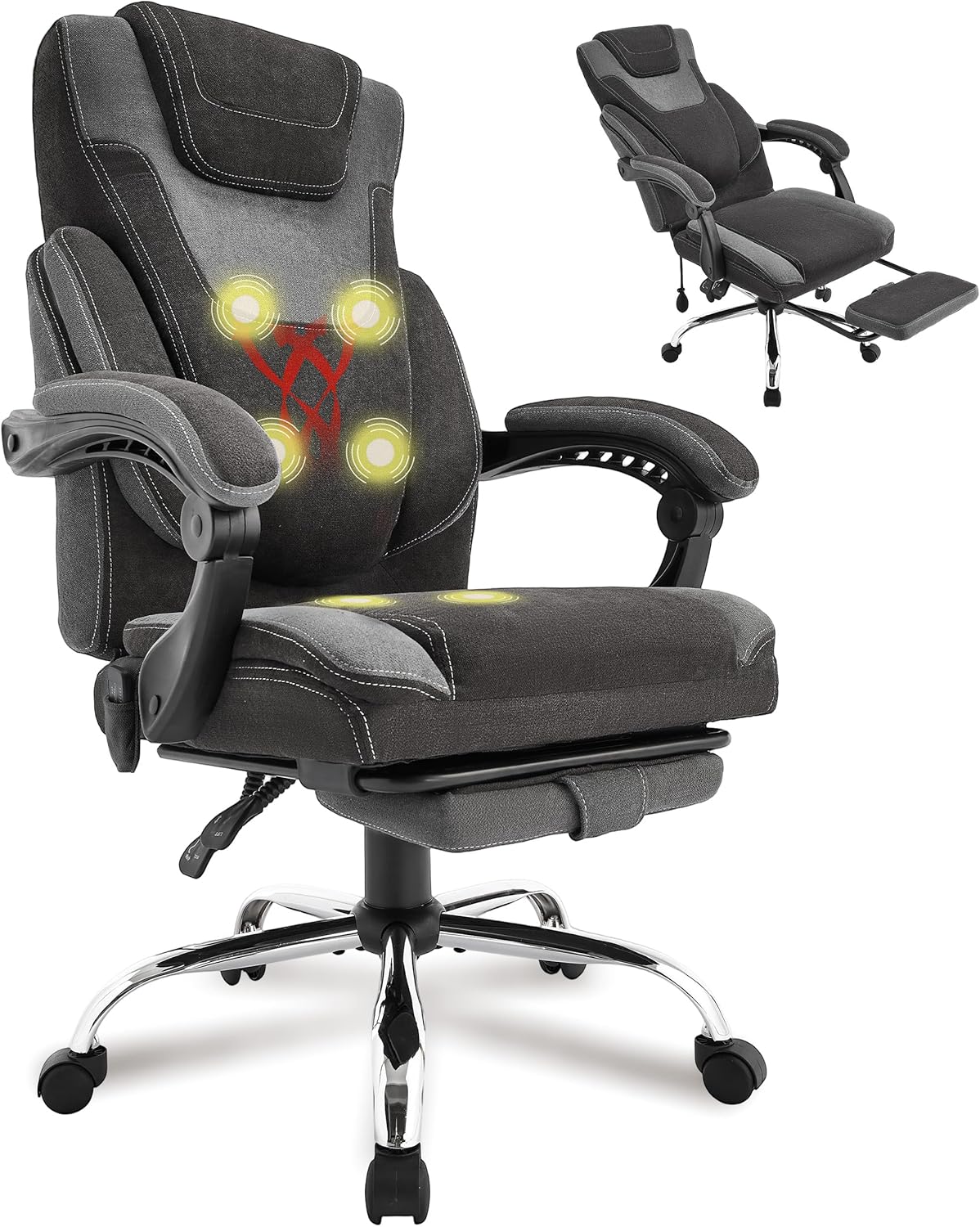 Skiennix Massage Office Chair - Ergonomic Reclining Design with Foot Rest & 6-Point Vibration | Black/Grey