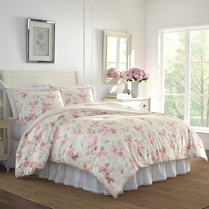 Laura Ashley - Twin Comforter Set, Plush Velour Micromink Face Bedding with Soft Cotton Reverse, Medium Weight for Year Round Use, 2 Piece Bed Set with Matching Pillowcase (Wisteria Pink)