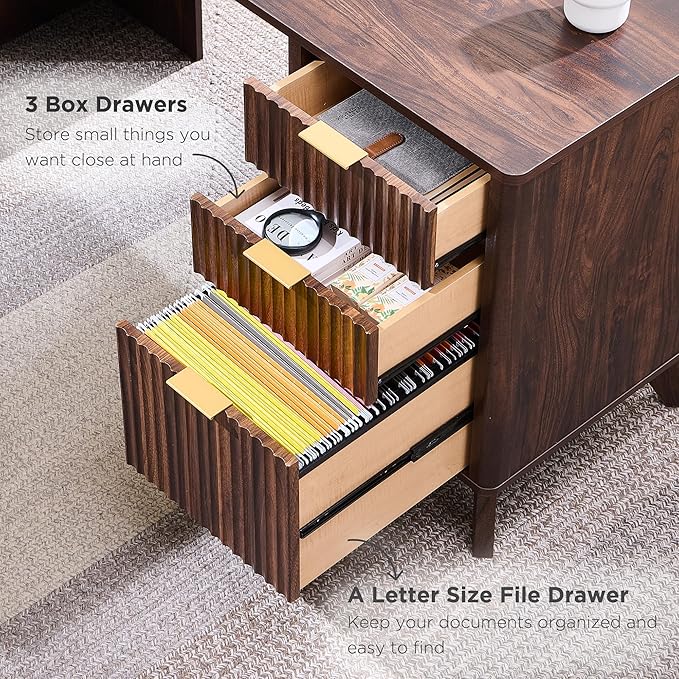 T4TREAM 60'' Fluted Executive L Shaped Desk, Modern Home Office Desk with Charging Station and File Drawer, Computer Corner Desks with Drawers & Storage Cabinet for Office Home, Bedroom, Dark Walnut