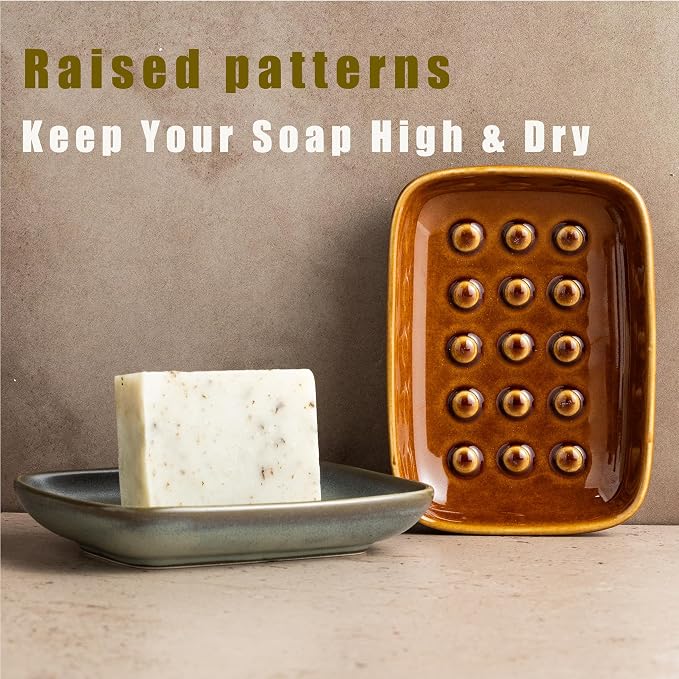 Miamolo Ceramic Soap Dish for Shower, Non-Slip Bar Soap Saver Tray Bar for Bathroom Kitchen Sink Bathtub, Easy to Clean, Dishwasher Safe, Raised Pattern - Keep Soap Dry, Dark Green