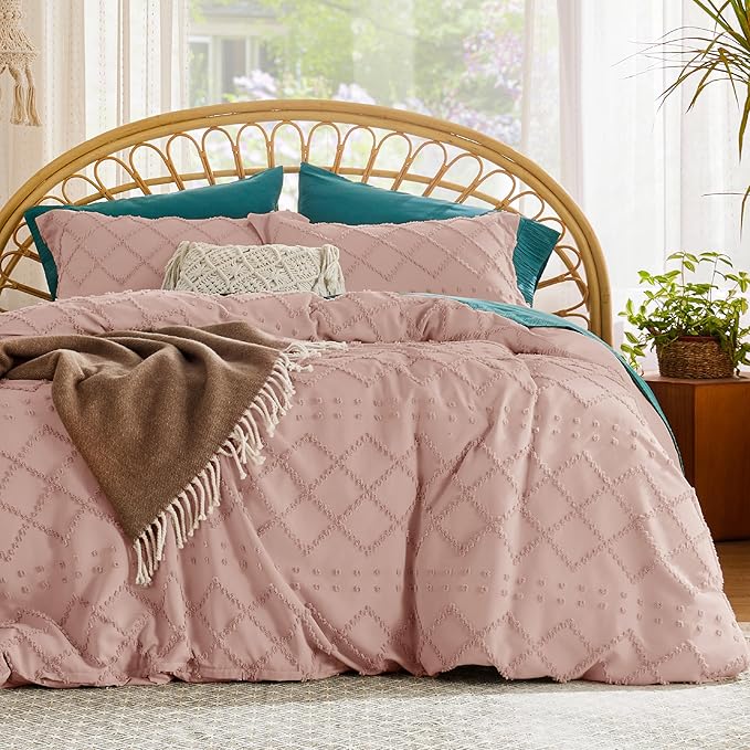 Bedsure Boho Duvet Cover King Size - Pink Breathable & Soft Boho Bedding, Machine Washable Comforter Cover for All Seasons, Includes 1 Duvet Cover 104"x90" with 2 Pillow Shams & Zipper Closure