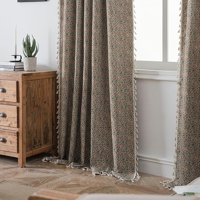 ENJOYBRIDAL Floral Living Room Curtains 63 Inch Length Boho Drapes Short Jacquard Semi Sheer Bedroom Window Curtains Patterned Farmhouse Country Rod Pocket Aesthetic Tassel 2 Panels Window Treatments