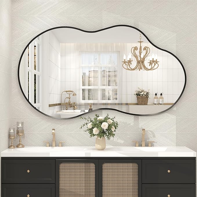 60x32 Black Matte Irregular Wall Mirror, Large Black Asymmetrical Bathroom Mirror, Decorative Aluminum Frame for Bathroom Bedroom, Shatterproof, Anti-Rust (Horizontally/Vertically)