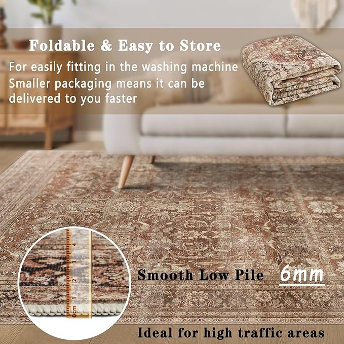 vivorug Brown Runner Rug 2x10 Machine Washable Rug with Non-Slip Backing, Ideal for Kitchen Hallway Entryway Laundry Room - Vintage, Durable, Easy Clean, Low Pile Carpet Runner