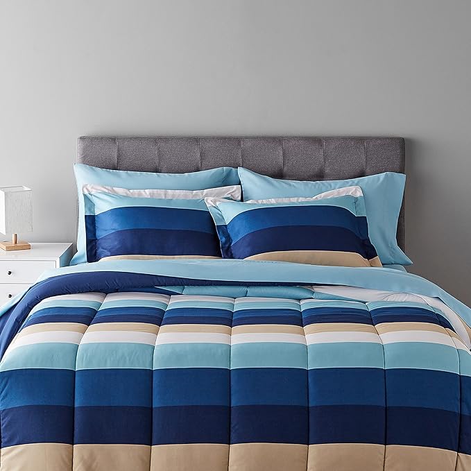 Amazon Basics Full/Queen Comforter Set with Sheets, 7-Piece Blue Stripe Bedding, Lightweight Microfiber Bed-in-a-Bag, Striped