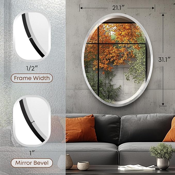 OVALCREST - Oval Wooden Beveled Wall Mirror for Home Decor, Bathroom, Vanity, Bedroom, Living Room, Hallway - London Style (Silver Leaf with Brown Antique) 31.1 x 21.1