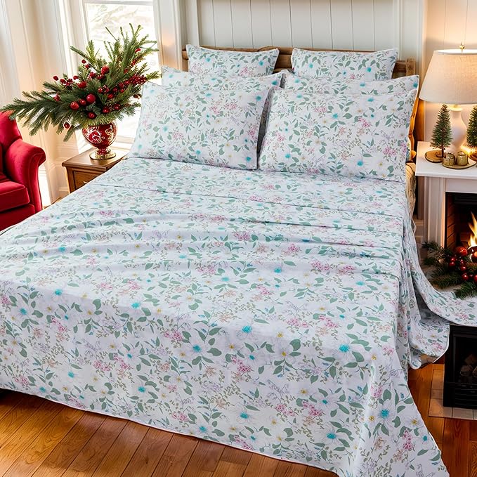 FADFAY Cal King Size Sheets Set 100% Cotton Vintage Floral Shabby Flowers & Leaves Pattern Farmhouse Bedding Set Deep Pocket Sheets with 2 Pillowcases Breathable Soft 4Pcs, Cal King